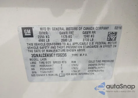 2016 Chevrolet Equinox Lt из США, поврежденный, VIN 2GNALCEK9G1158236